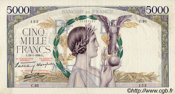 5000 Francs VICTOIRE Impression à plat FRANCE  1939 F.46.02 VF+