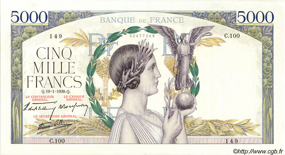 5000 Francs VICTOIRE Impression à plat FRANKREICH  1939 F.46.02 VZ