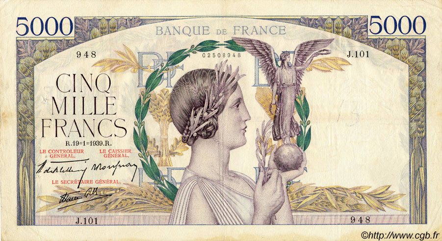 5000 Francs VICTOIRE Impression à plat FRANCE  1939 F.46.02 VF-