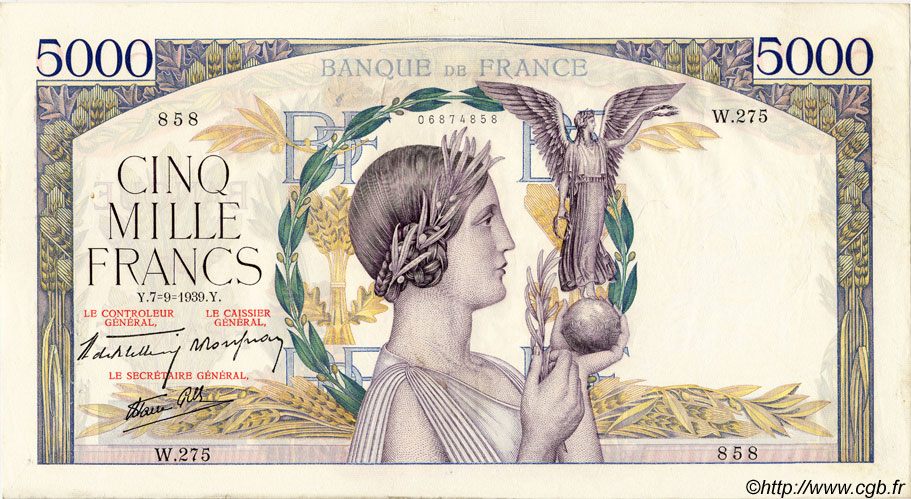 5000 Francs VICTOIRE Impression à plat FRANCIA  1939 F.46.09 q.SPL