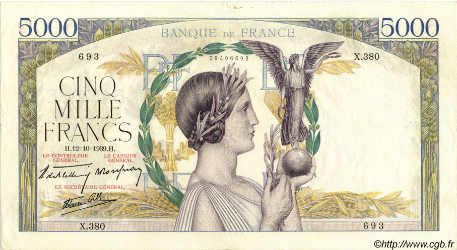 5000 Francs VICTOIRE Impression à plat FRANKREICH  1939 F.46.14 SS