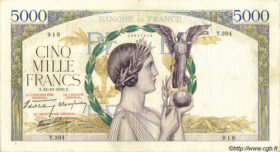 5000 Francs VICTOIRE Impression à plat FRANCE  1939 F.46.14 F+