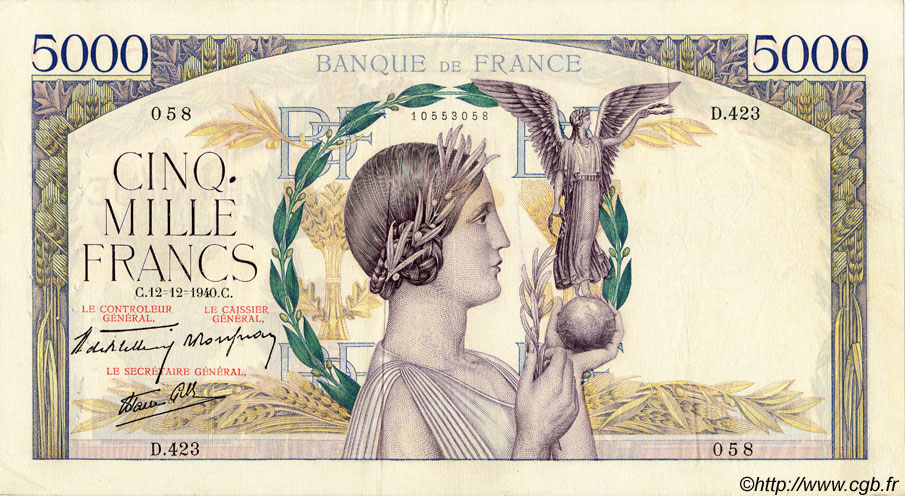 5000 Francs VICTOIRE Impression à plat FRANKREICH  1940 F.46.16 SS