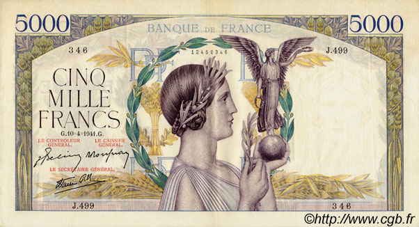 5000 Francs VICTOIRE Impression à plat FRANCIA  1941 F.46.19 MBC+ a EBC