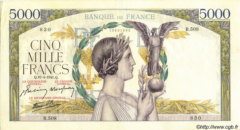 5000 Francs VICTOIRE Impression à plat FRANKREICH  1941 F.46.19 fVZ