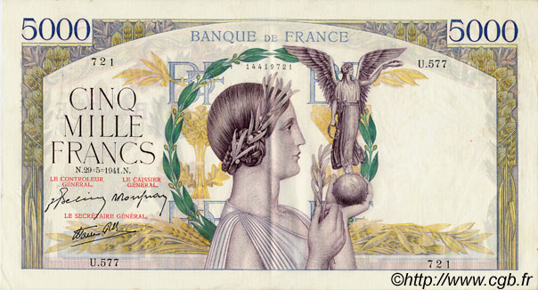 5000 Francs VICTOIRE Impression à plat FRANCIA  1941 F.46.22 MBC+ a EBC