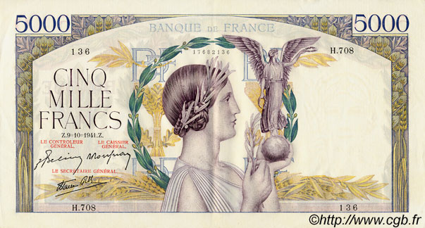 5000 Francs VICTOIRE Impression à plat FRANKREICH  1941 F.46.27 VZ+