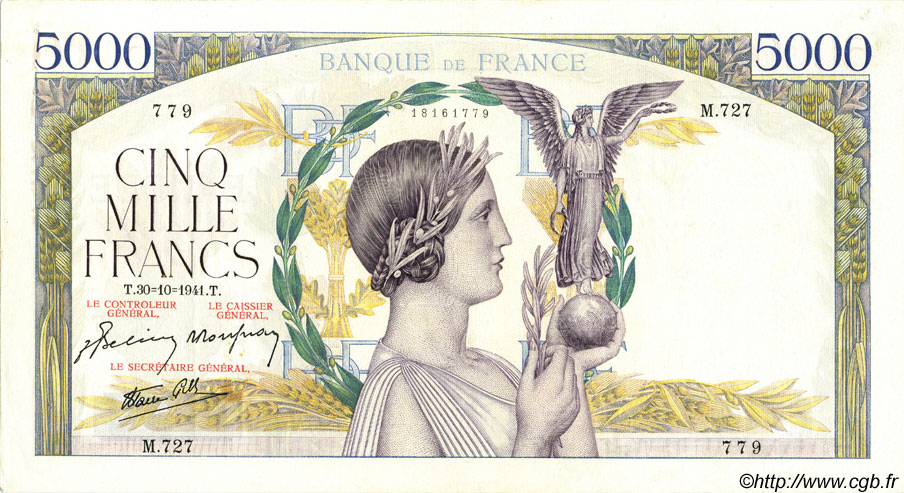 5000 Francs VICTOIRE Impression à plat FRANCE  1941 F.46.28 XF