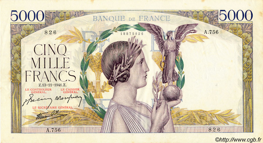 5000 Francs VICTOIRE Impression à plat FRANCIA  1941 F.46.29 MBC a EBC