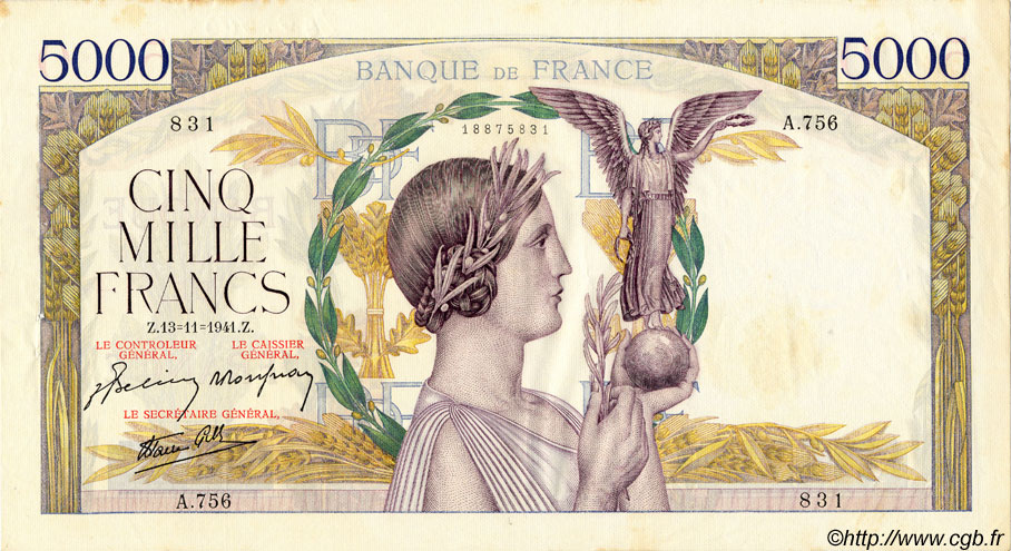 5000 Francs VICTOIRE Impression à plat FRANCIA  1941 F.46.29 BB to SPL