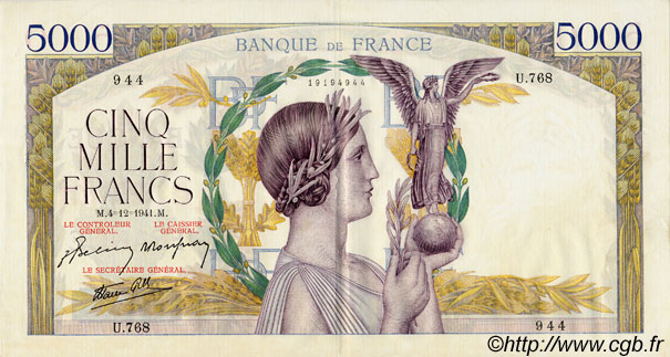 5000 Francs VICTOIRE Impression à plat FRANCIA  1941 F.46.30 SPL