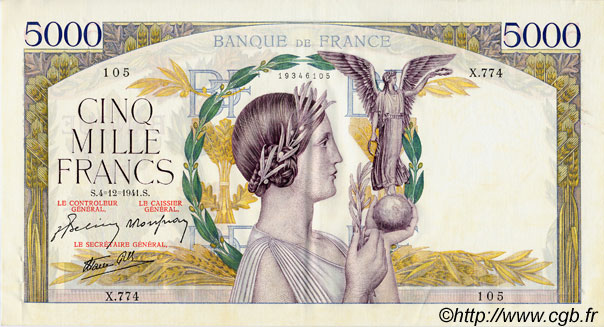 5000 Francs VICTOIRE Impression à plat FRANCIA  1941 F.46.30 SPL