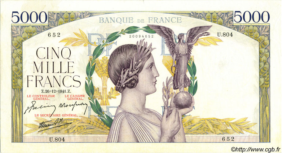 5000 Francs VICTOIRE Impression à plat FRANCIA  1941 F.46.31 SC