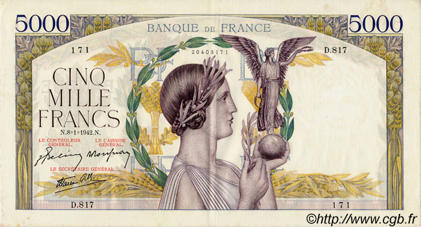 5000 Francs VICTOIRE Impression à plat FRANCIA  1942 F.46.32 MBC+ a EBC