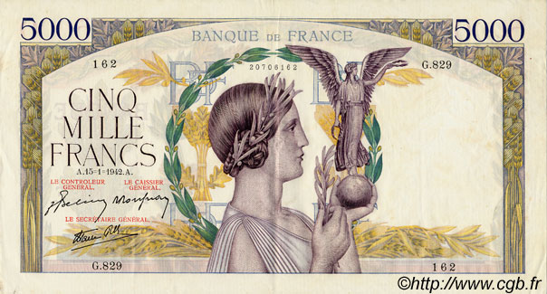 5000 Francs VICTOIRE Impression à plat FRANCIA  1942 F.46.33 EBC