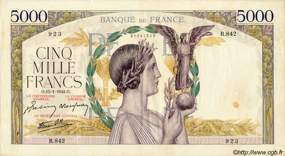 5000 Francs VICTOIRE Impression à plat FRANCIA  1942 F.46.33 BB