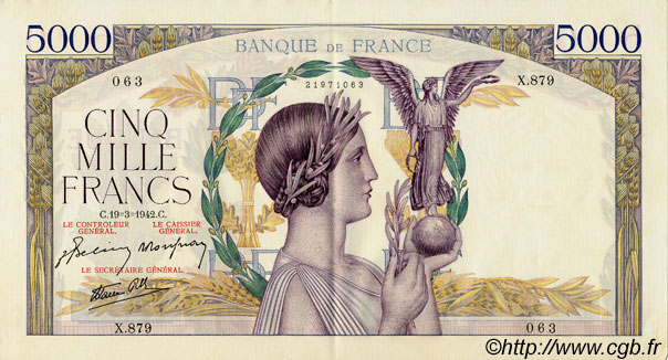 5000 Francs VICTOIRE Impression à plat FRANCIA  1942 F.46.35 EBC a SC