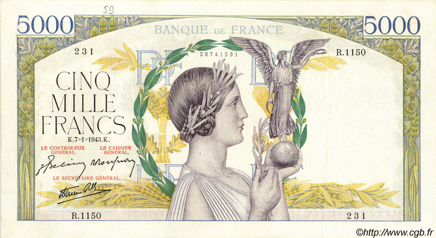 5000 Francs VICTOIRE Impression à plat FRANCE  1943 F.46.46 VF+
