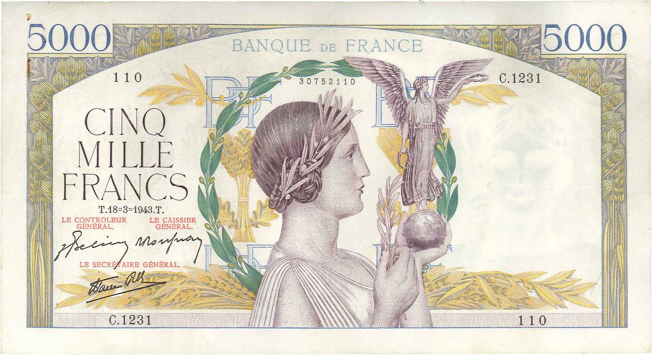 5000 Francs VICTOIRE Impression à plat FRANCE  1943 F.46.49 VF+