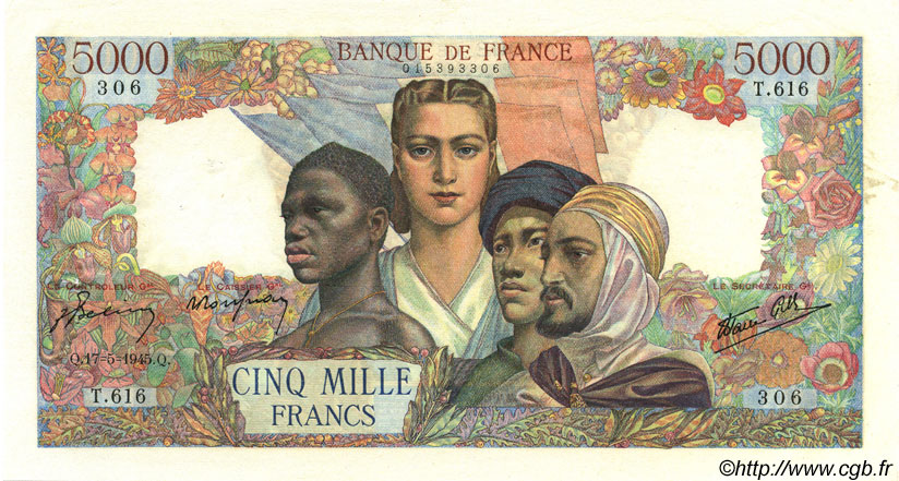 5000 Francs EMPIRE FRANÇAIS FRANKREICH  1945 F.47.26 fVZ