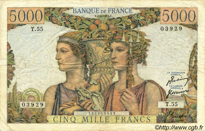 5000 Francs TERRE ET MER FRANCIA  1951 F.48.04 MB