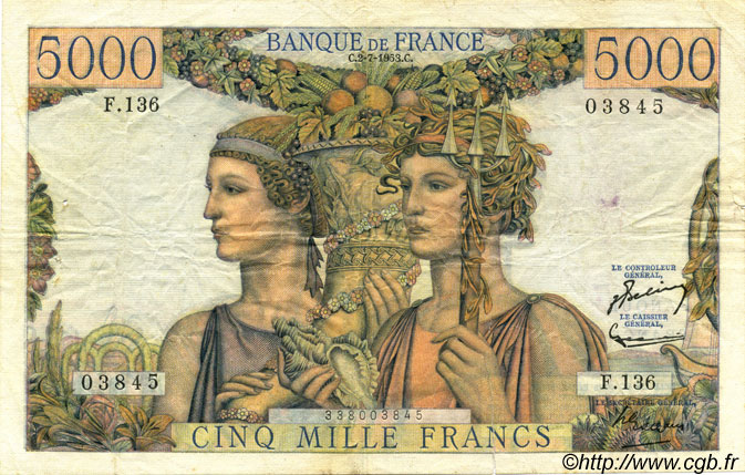 5000 Francs TERRE ET MER FRANCIA  1953 F.48.09 BC+
