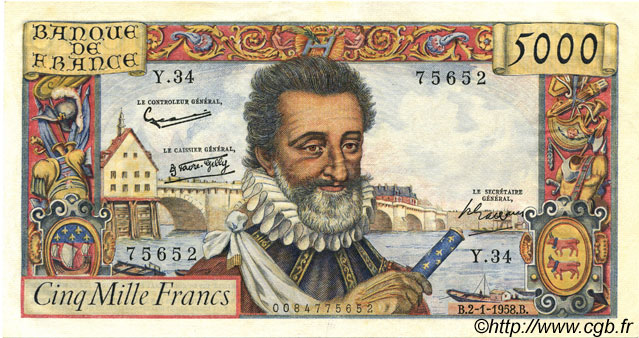 5000 Francs HENRI IV FRANKREICH  1958 F.49.05 VZ+ to fST