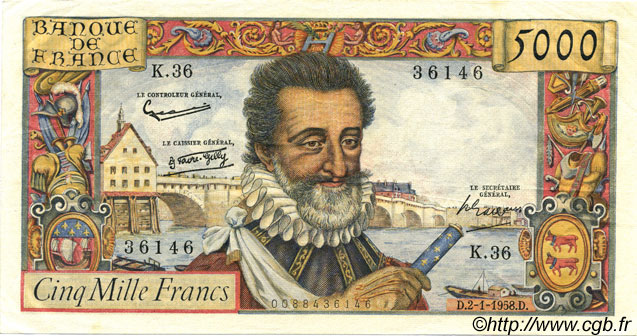 5000 Francs HENRI IV FRANCE  1958 F.49.05 XF+