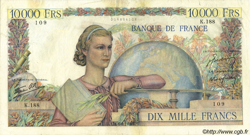 10000 Francs GÉNIE FRANÇAIS FRANCIA  1946 F.50.08 BC