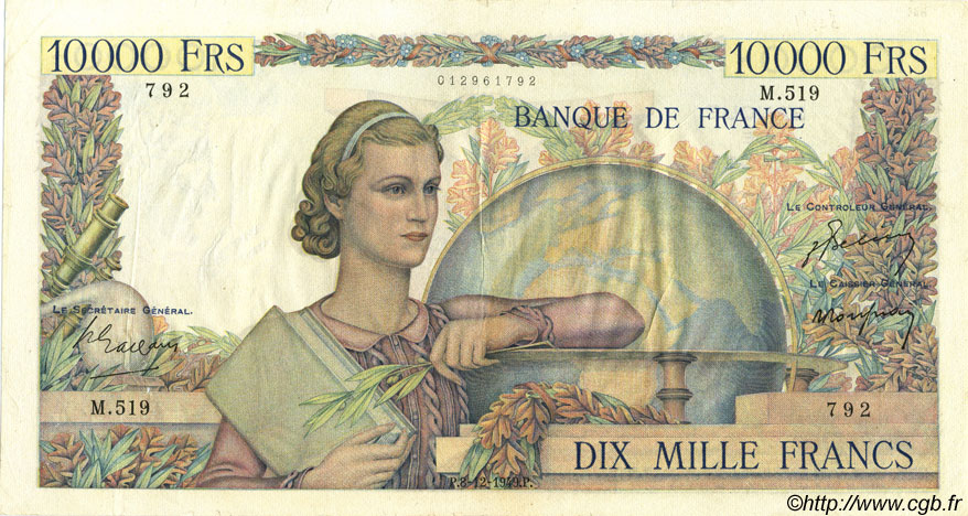 10000 Francs GÉNIE FRANÇAIS FRANKREICH  1949 F.50.22 SS