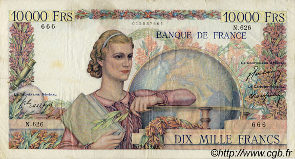 10000 Francs GÉNIE FRANÇAIS FRANCIA  1950 F.50.27 MB a BB