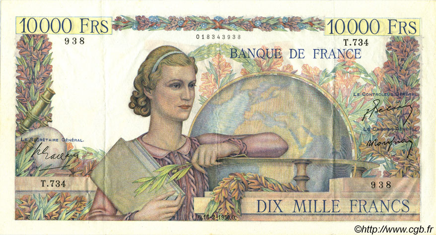 10000 Francs GÉNIE FRANÇAIS FRANCIA  1950 F.50.31 MBC+