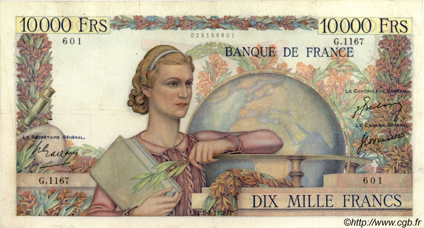 10000 Francs GÉNIE FRANÇAIS FRANCIA  1951 F.50.47 q.BB