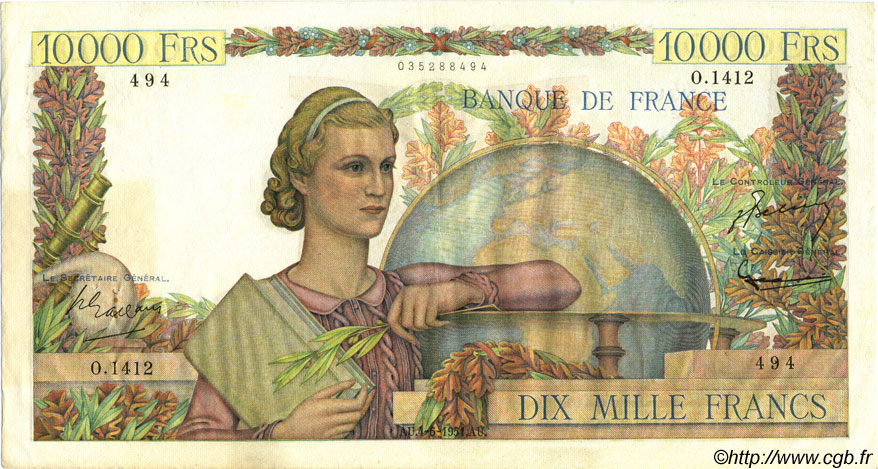 10000 Francs GÉNIE FRANÇAIS FRANCE  1951 F.50.50 VF