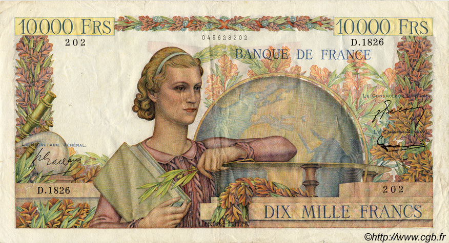 10000 Francs GÉNIE FRANÇAIS FRANKREICH  1951 F.50.53 SS