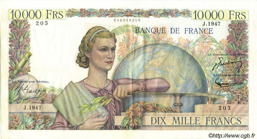 10000 Francs GÉNIE FRANÇAIS FRANKREICH  1951 F.50.54 SS