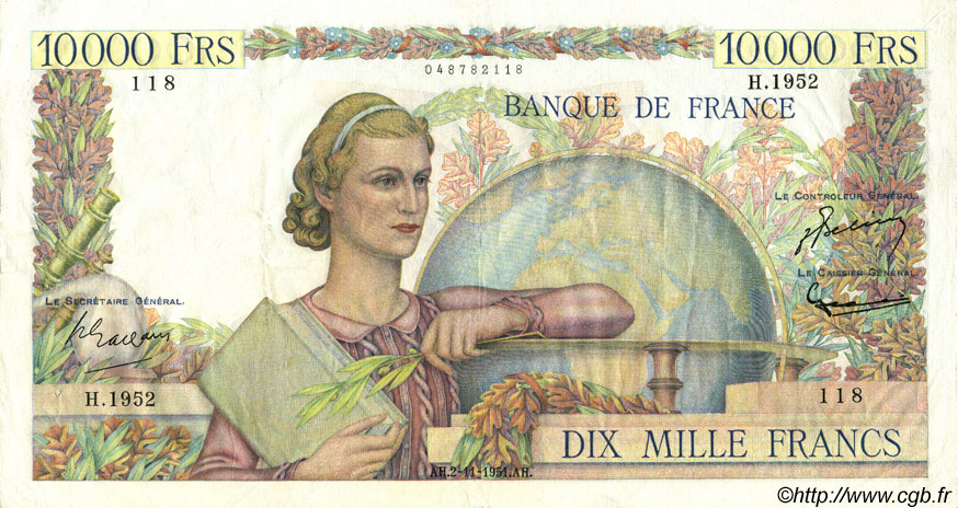 10000 Francs GÉNIE FRANÇAIS FRANCIA  1951 F.50.54 MBC