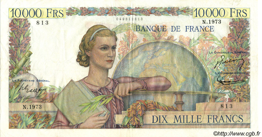 10000 Francs GÉNIE FRANÇAIS FRANKREICH  1951 F.50.54 SS