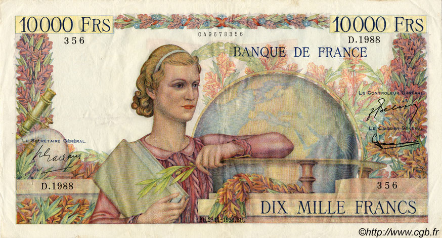 10000 Francs GÉNIE FRANÇAIS FRANCIA  1951 F.50.54 MBC+