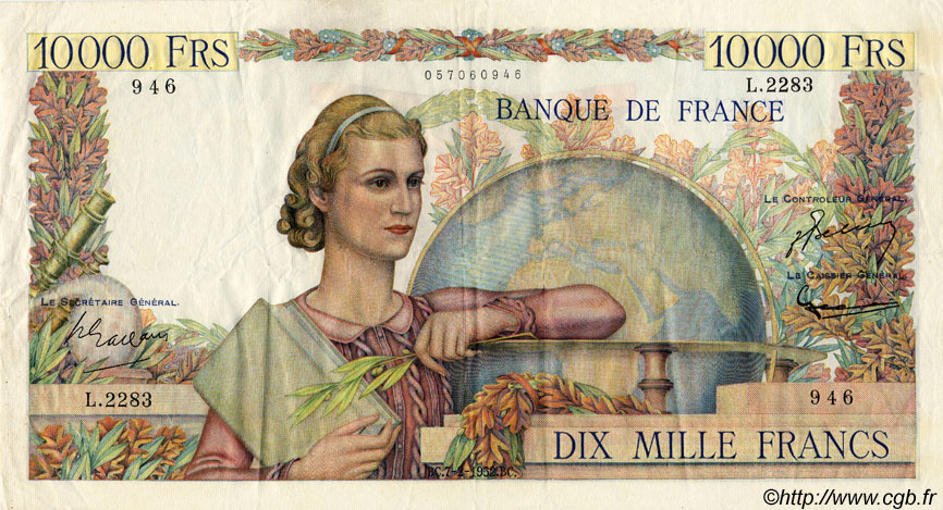 10000 Francs GÉNIE FRANÇAIS FRANKREICH  1952 F.50.56 fVZ
