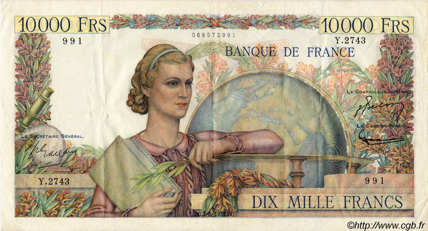 10000 Francs GÉNIE FRANÇAIS FRANCE  1952 F.50.58 VF+