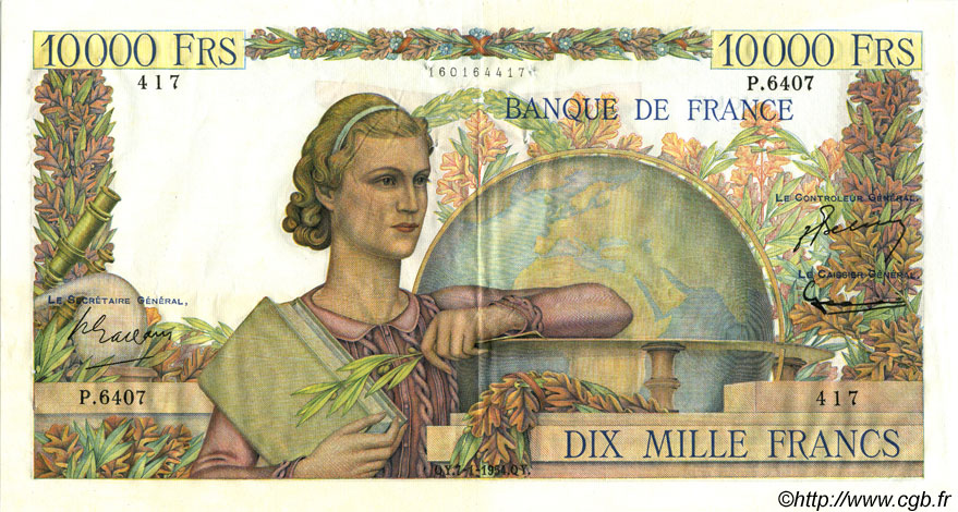 10000 Francs GÉNIE FRANÇAIS FRANCE  1954 F.50.69 XF-
