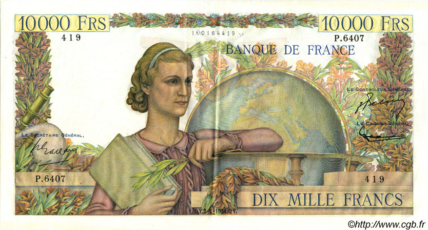 10000 Francs GÉNIE FRANÇAIS FRANCIA  1954 F.50.69 q.SPL