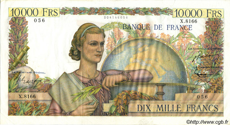 10000 Francs GÉNIE FRANÇAIS FRANKREICH  1955 F.50.73 fVZ
