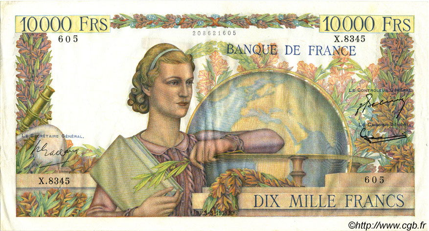 10000 Francs GÉNIE FRANÇAIS FRANCE  1955 F.50.73 XF