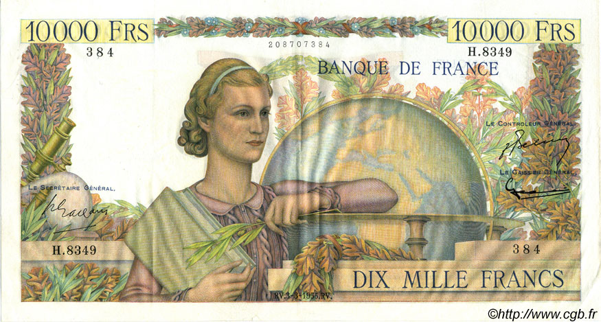 10000 Francs GÉNIE FRANÇAIS FRANCIA  1955 F.50.73 EBC