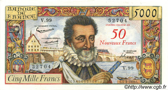 50 NF sur 5000 Francs HENRI IV FRANKREICH  1959 F.54.02 VZ