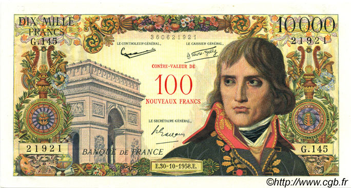 100 NF sur 10000 Francs BONAPARTE FRANCIA  1958 F.55.01 AU+