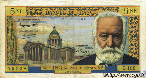 5 Nouveaux Francs VICTOR HUGO FRANCIA  1963 F.56.14 BC+