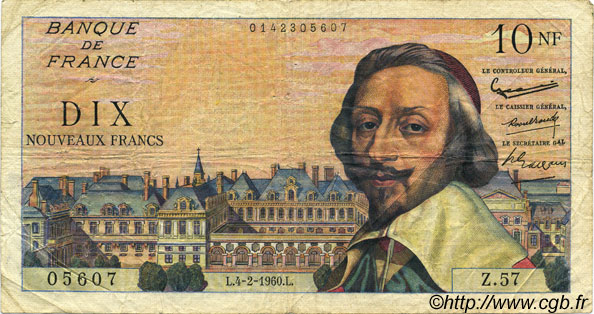 10 Nouveaux Francs RICHELIEU FRANCIA  1960 F.57.05 q.MB